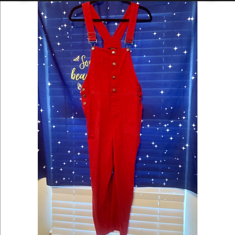 Forever 21, fire engine red denim overalls